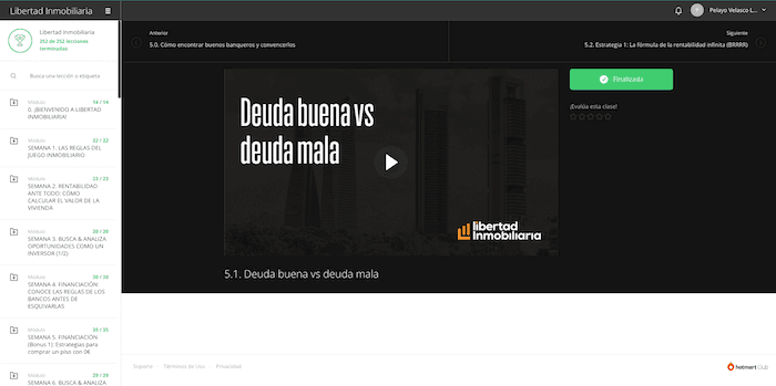 Plataforma de Hotmart con la formación de Libertad Inmobiliaria.